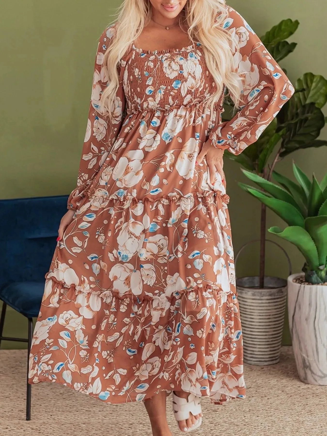 Smocked Printed Long Sleeve Tiered Dress sold by Charming Charlie