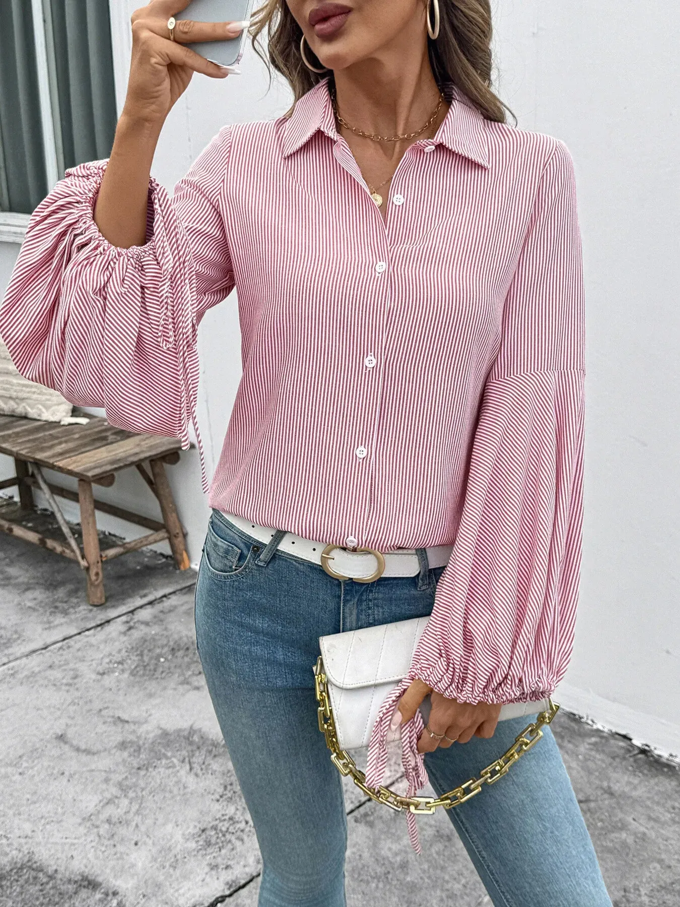 Striped Balloon Sleeve Button-Up Shirt sold by Charming Charlie product image thumbnail 5