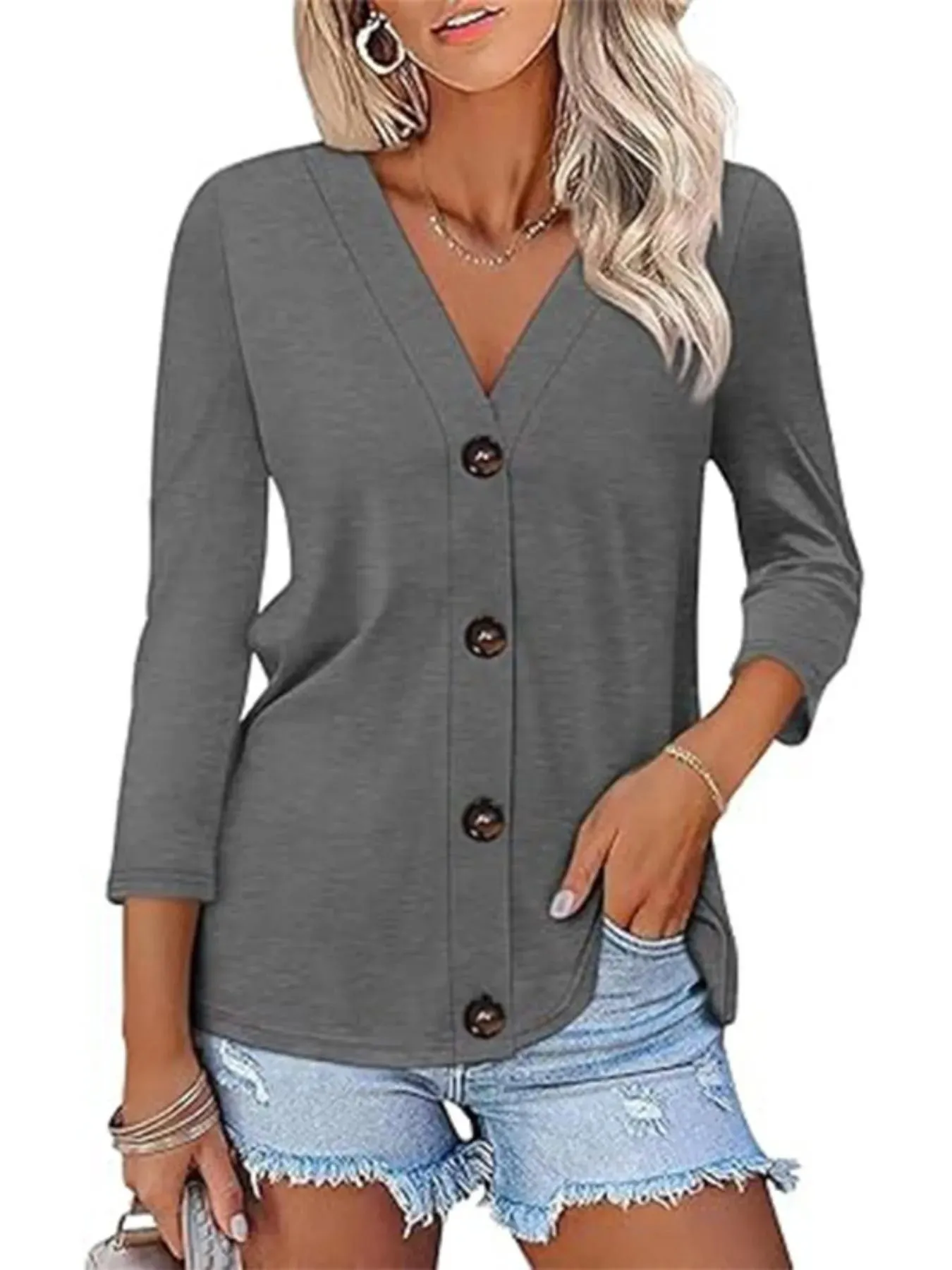 V-Neck Button Front Casual Top sold by Charming Charlie