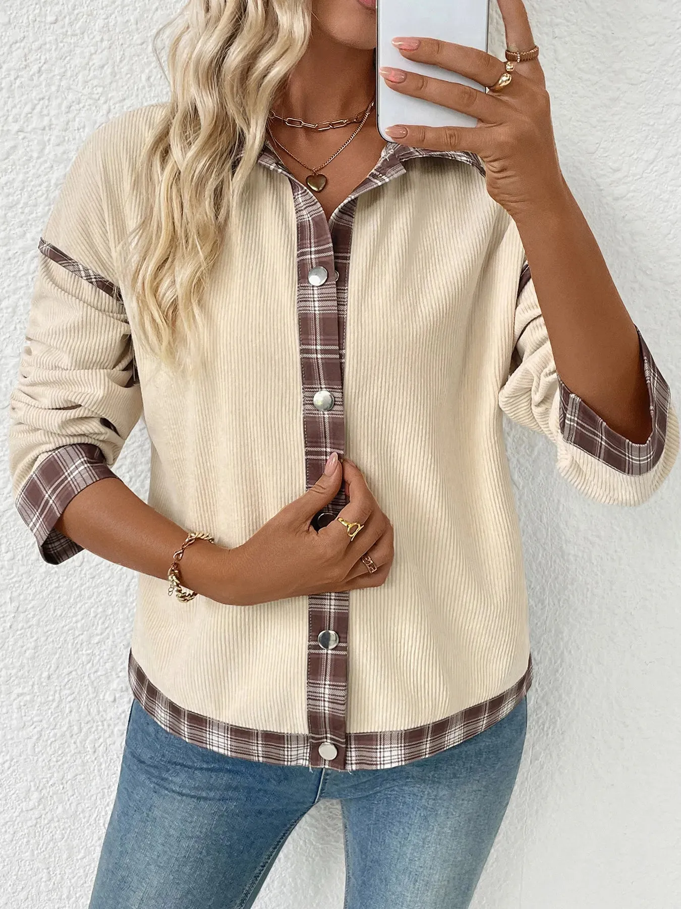 Plaid Hem Button Up Long Sleeve Shacket sold by Charming Charlie product image thumbnail 4
