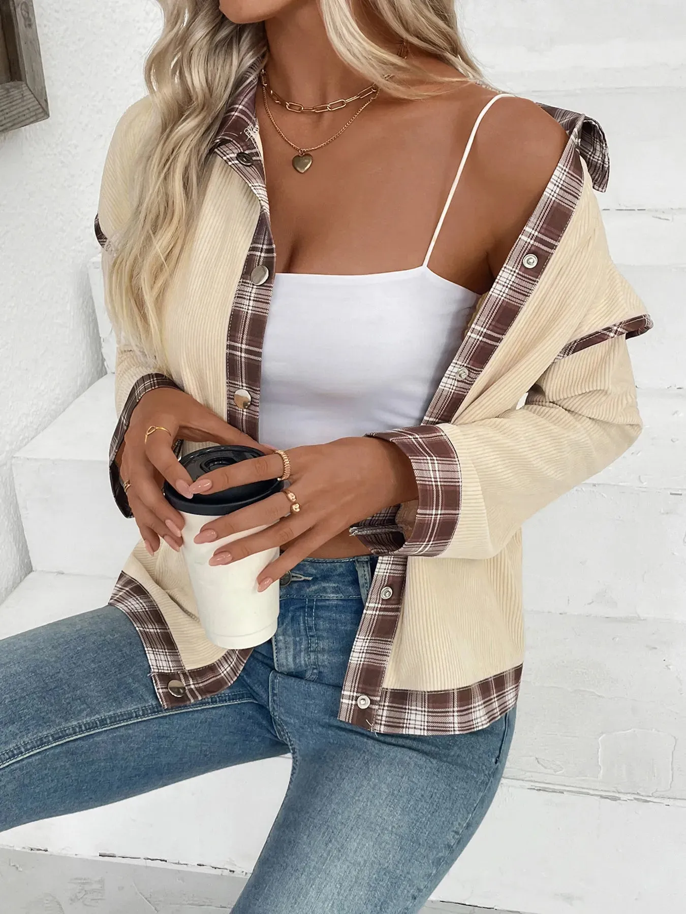 Plaid Hem Button Up Long Sleeve Shacket sold by Charming Charlie product image thumbnail 5