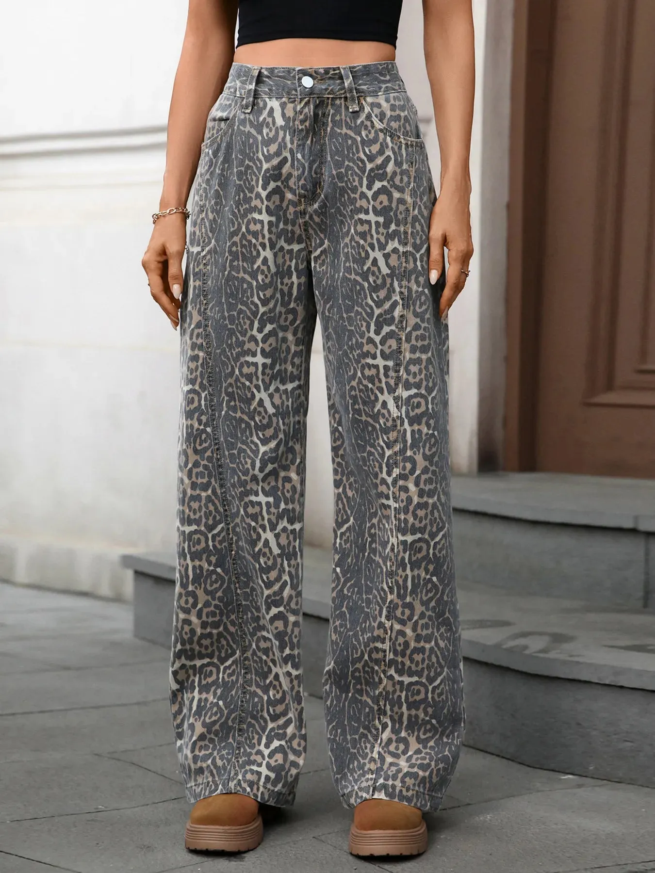 Leopard Wide Leg Jeans sold by Charming Charlie