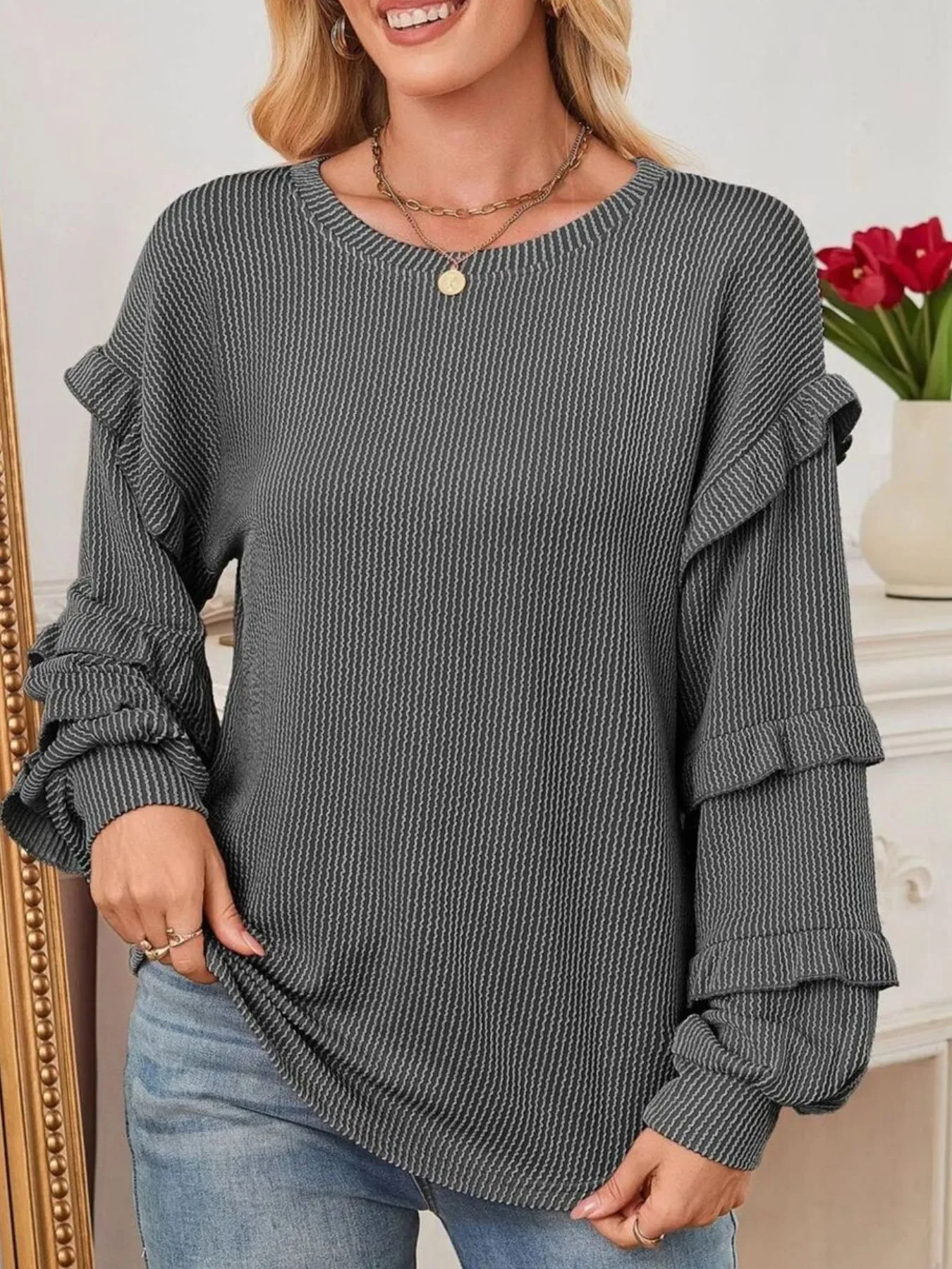Ruffled Round Neck Long Sleeve Sweatshirt sold by Charming Charlie product image thumbnail 4