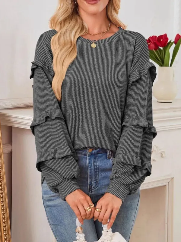 Ruffled Round Neck Long Sleeve Sweatshirt sold by Charming Charlie