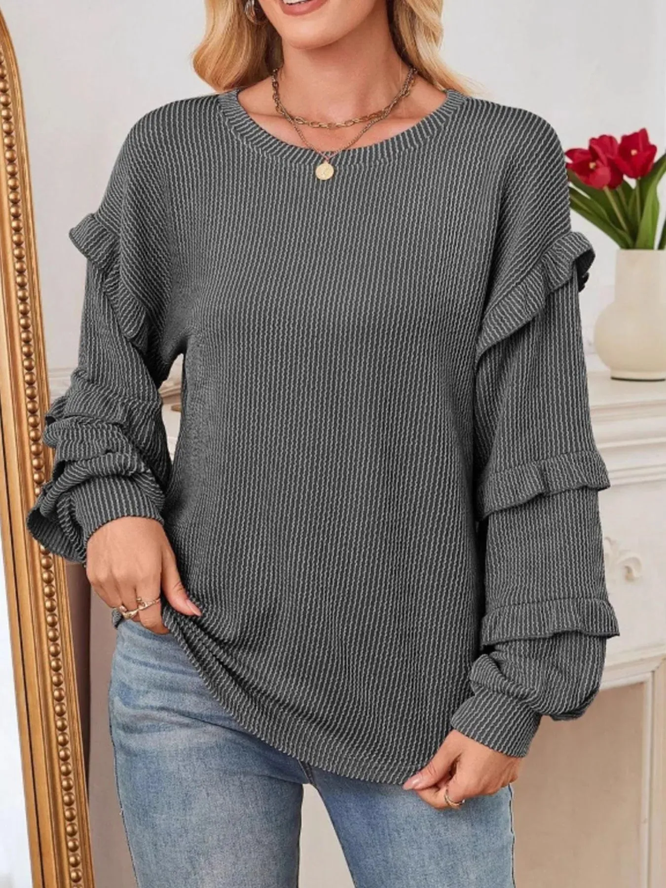 Ruffled Round Neck Long Sleeve Sweatshirt sold by Charming Charlie product image thumbnail 5