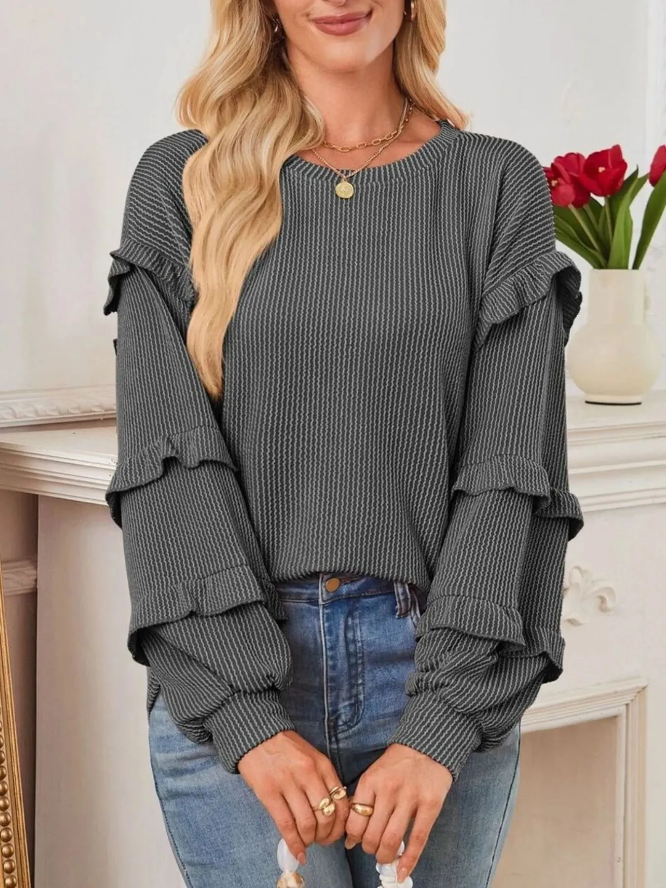 Ruffled Round Neck Long Sleeve Sweatshirt sold by Charming Charlie product image thumbnail 3