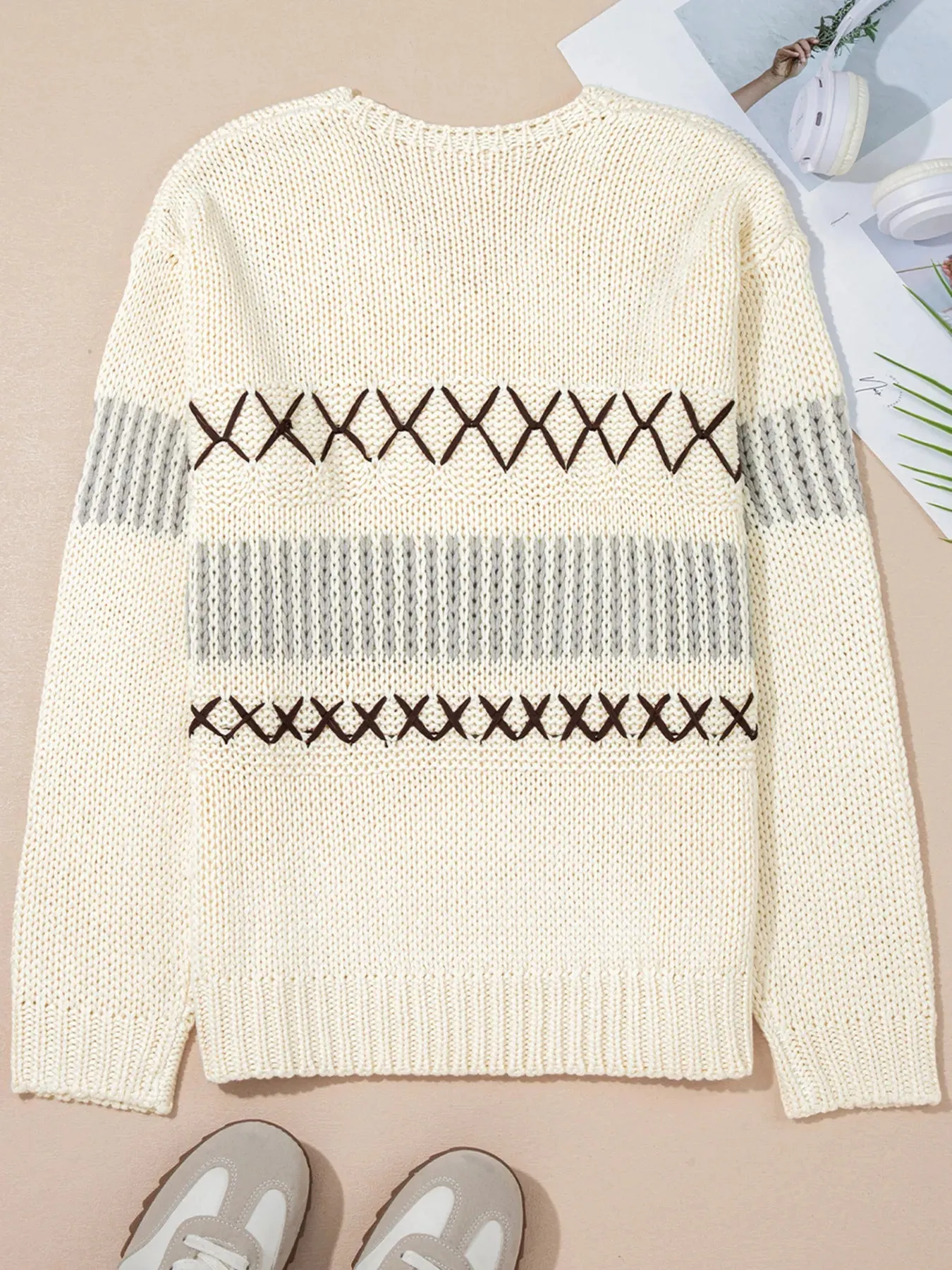 Contrast Stitch Detail V Neck Drop Shoulder Sweater sold by Charming Charlie product image thumbnail 3