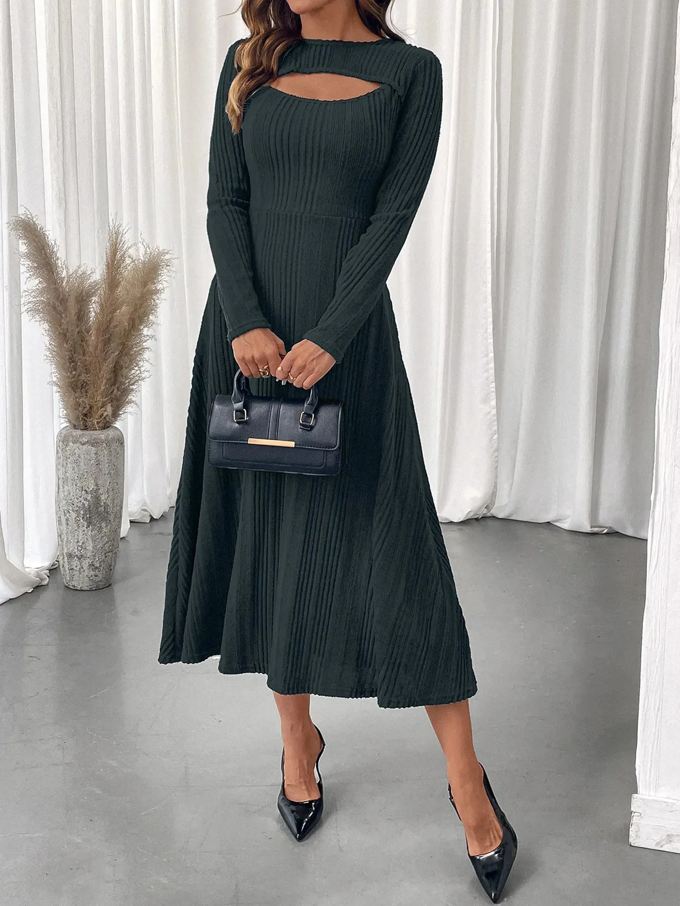 Ribbed Knit Cutout Long Sleeve Midi Dress sold by Charming Charlie product image thumbnail 2