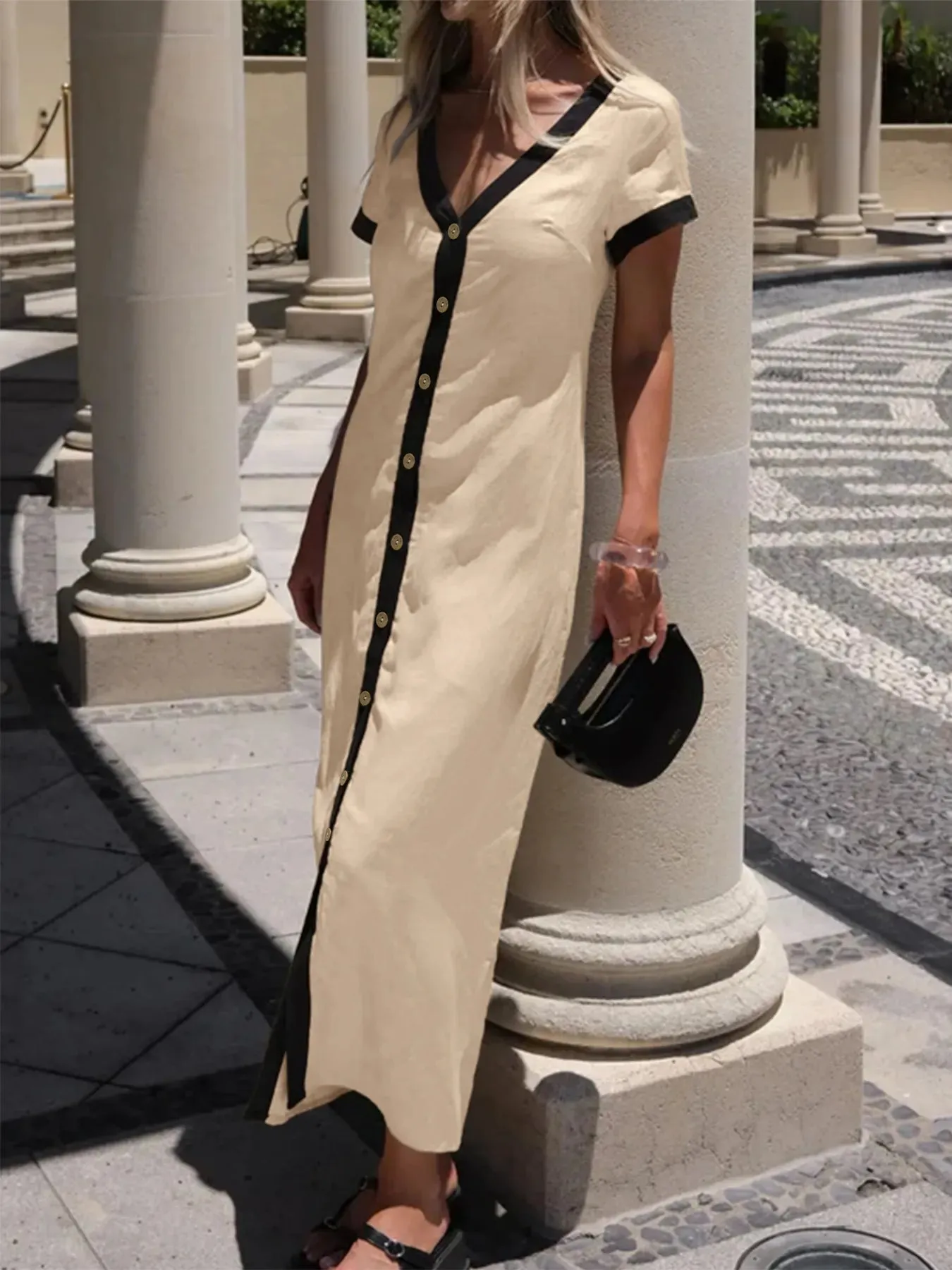 Button-Front Contrast Trim Midi Dress sold by Charming Charlie product image thumbnail 4