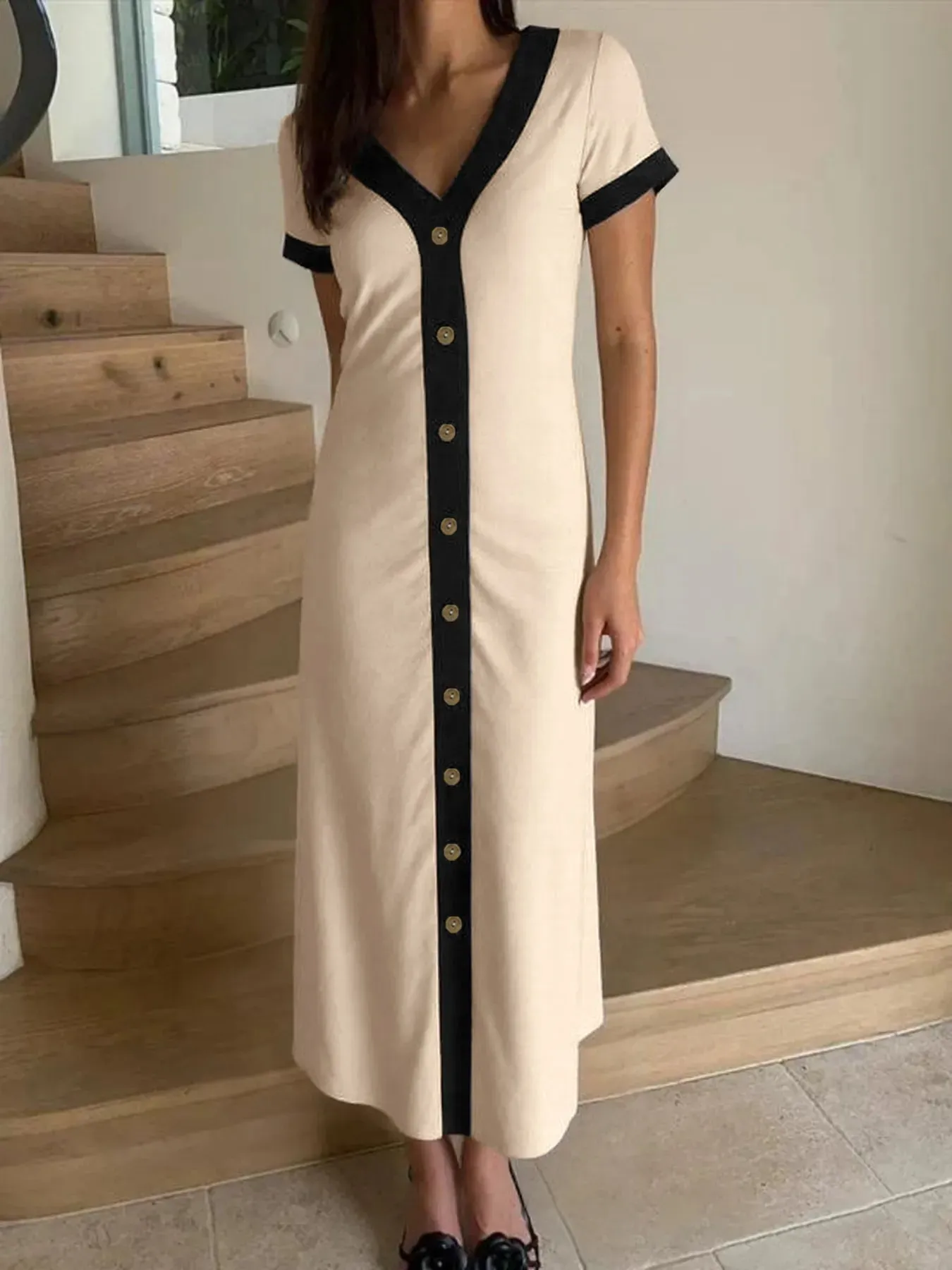 Button-Front Contrast Trim Midi Dress sold by Charming Charlie product image thumbnail 2