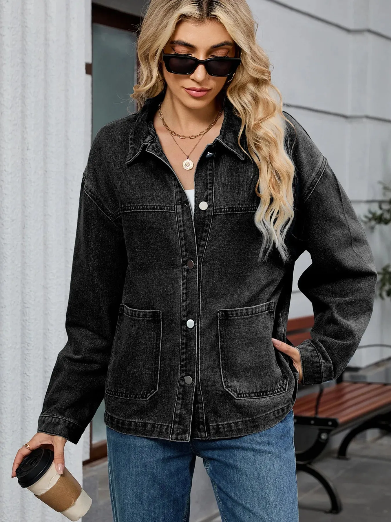 Washed Oversized Button Down Denim Jacket sold by Charming Charlie product image thumbnail 5