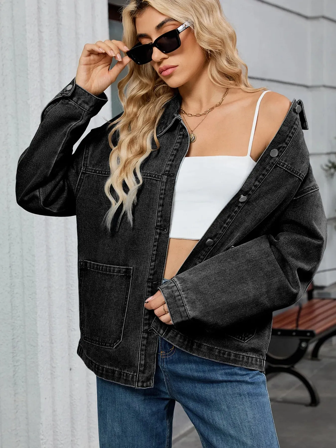 Washed Oversized Button Down Denim Jacket sold by Charming Charlie product image thumbnail 4
