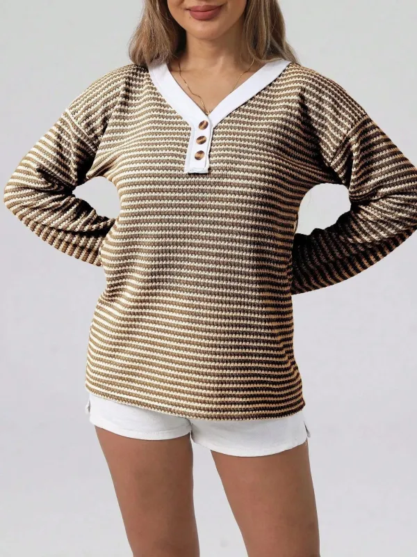 Striped Button Detail Long Sleeve Top sold by Charming Charlie