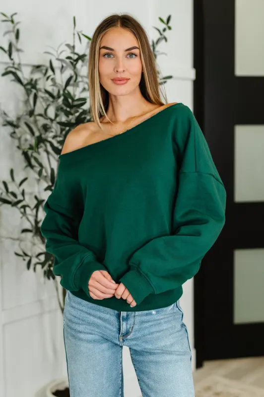 Side Hustle Off Shoulder Long Sleeve Top in  Hunter Green sold by Charming Charlie