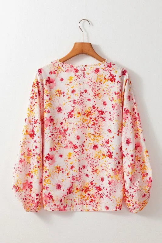 Pink Ditsy Floral Bubble Sleeve V Neck Blouse sold by Charming Charlie product image thumbnail 4