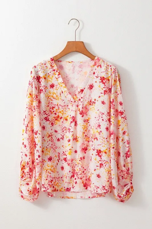 Pink Ditsy Floral Bubble Sleeve V Neck Blouse sold by Charming Charlie product image thumbnail 5