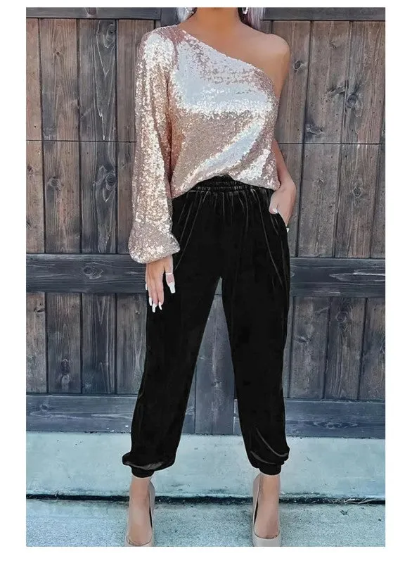 Black Solid Velvet Jogger Pants sold by Charming Charlie