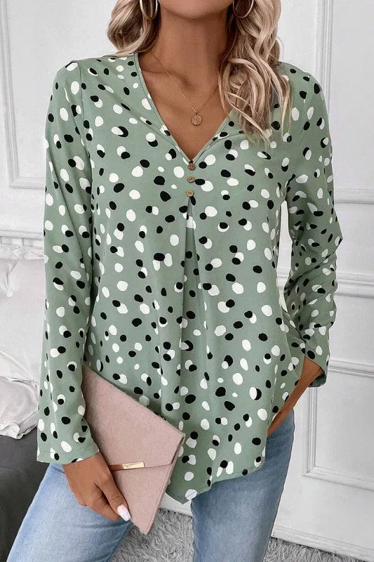 Polka Dot Print Button Front V Neck Blouse sold by Charming Charlie