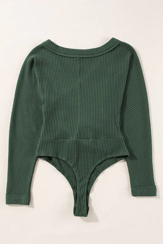 Green Waffle Knit Slim Fit Wrap V Neck Bodysuit sold by Charming Charlie product image thumbnail 4