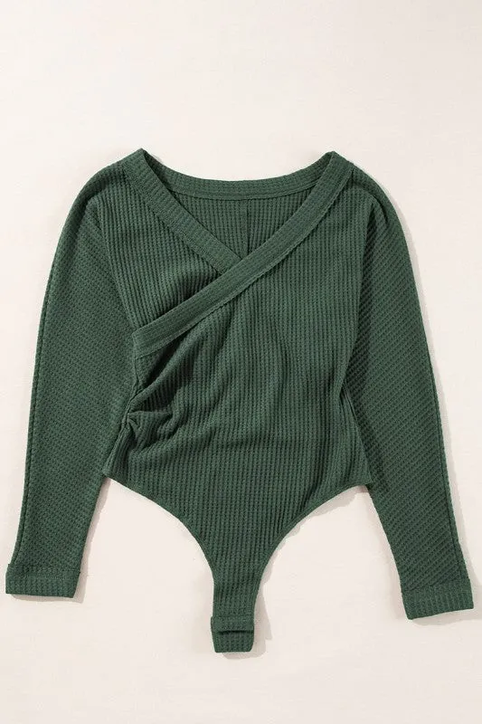 Green Waffle Knit Slim Fit Wrap V Neck Bodysuit sold by Charming Charlie product image thumbnail 5