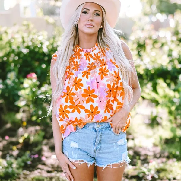 Orange Ruffled Sleeve Smocked Floral Top Blouse sold by Charming Charlie product image thumbnail 5