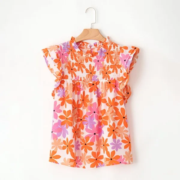 Orange Ruffled Sleeve Smocked Floral Top Blouse sold by Charming Charlie product image thumbnail 2
