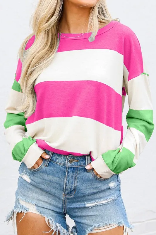 Colorblock Striped Drop Shoulder Long Sleeve Top sold by Charming Charlie