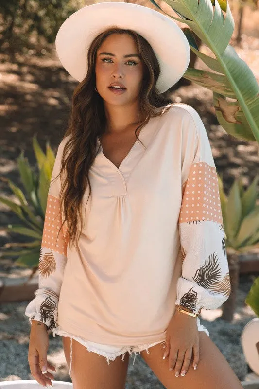 Women Puff Sleeve Patchwork V Neck Sweatshirts sold by Charming Charlie