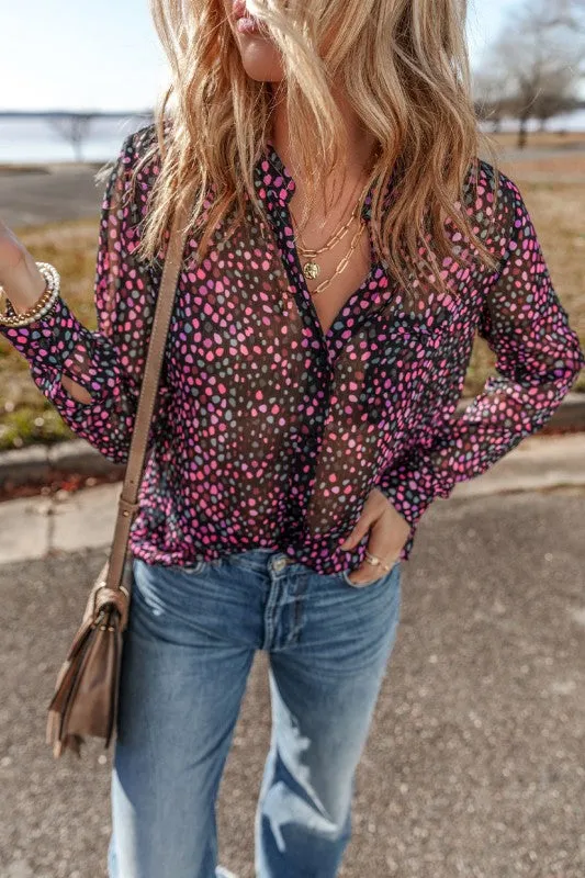 Wine Polka Dot Printed Buttoned Casual Blouses sold by Charming Charlie product image thumbnail 4