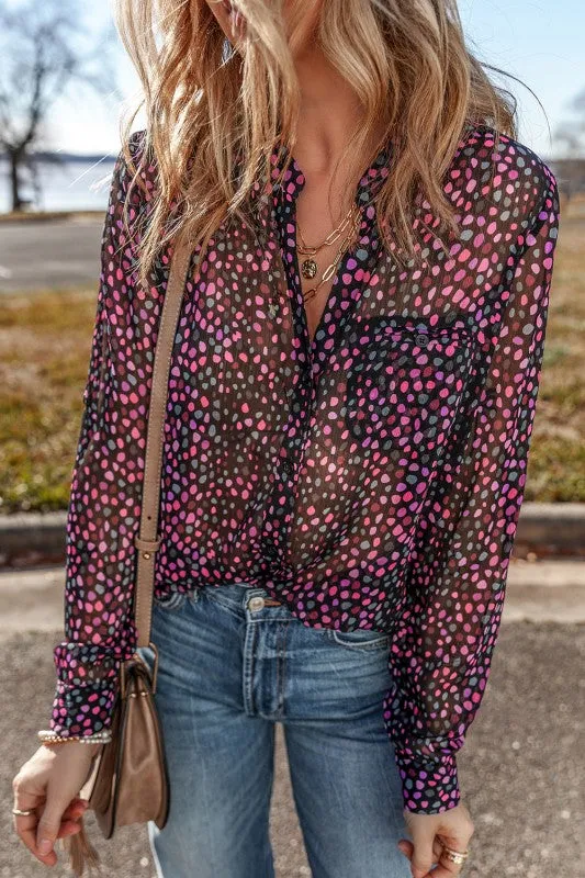 Wine Polka Dot Printed Buttoned Casual Blouses sold by Charming Charlie