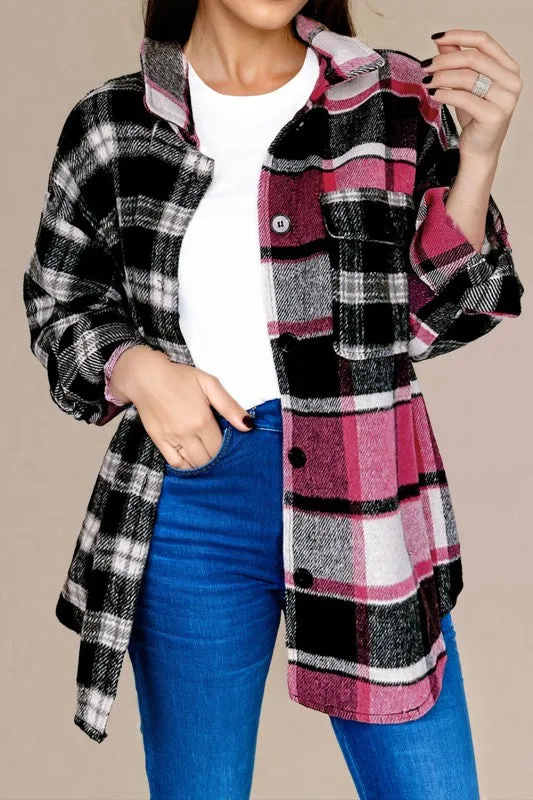 Black Plaid Colorblock Loose Shacket sold by Charming Charlie