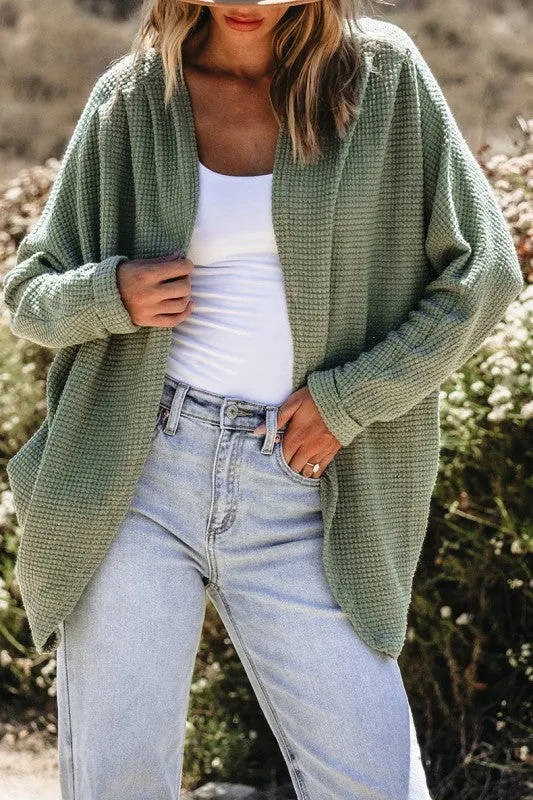 Laurel Green Waffle Knit Open Front Cardigan sold by Charming Charlie