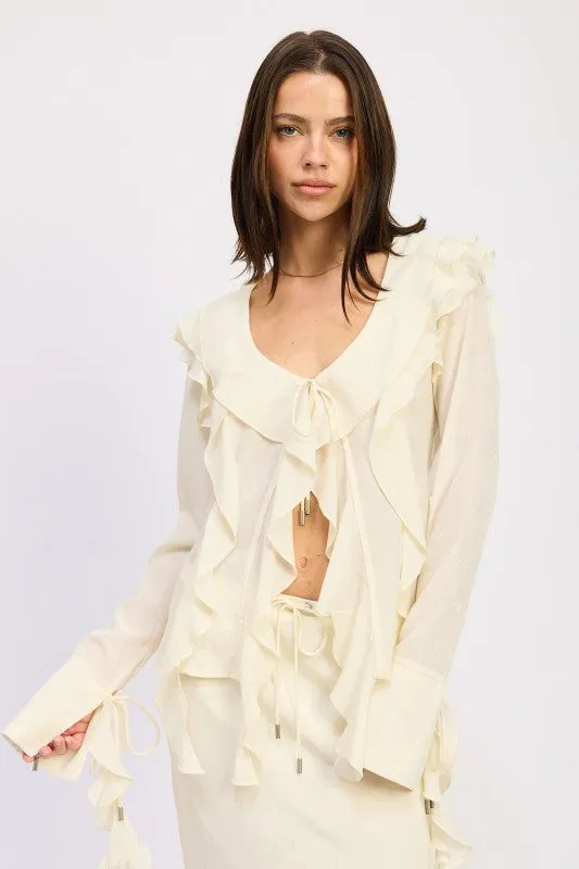TIE FRONT RUFFLE TOP sold by Charming Charlie