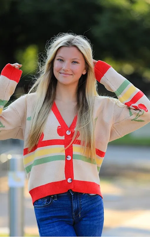 Cherry Retro Stripe Cardigan sold by Charming Charlie