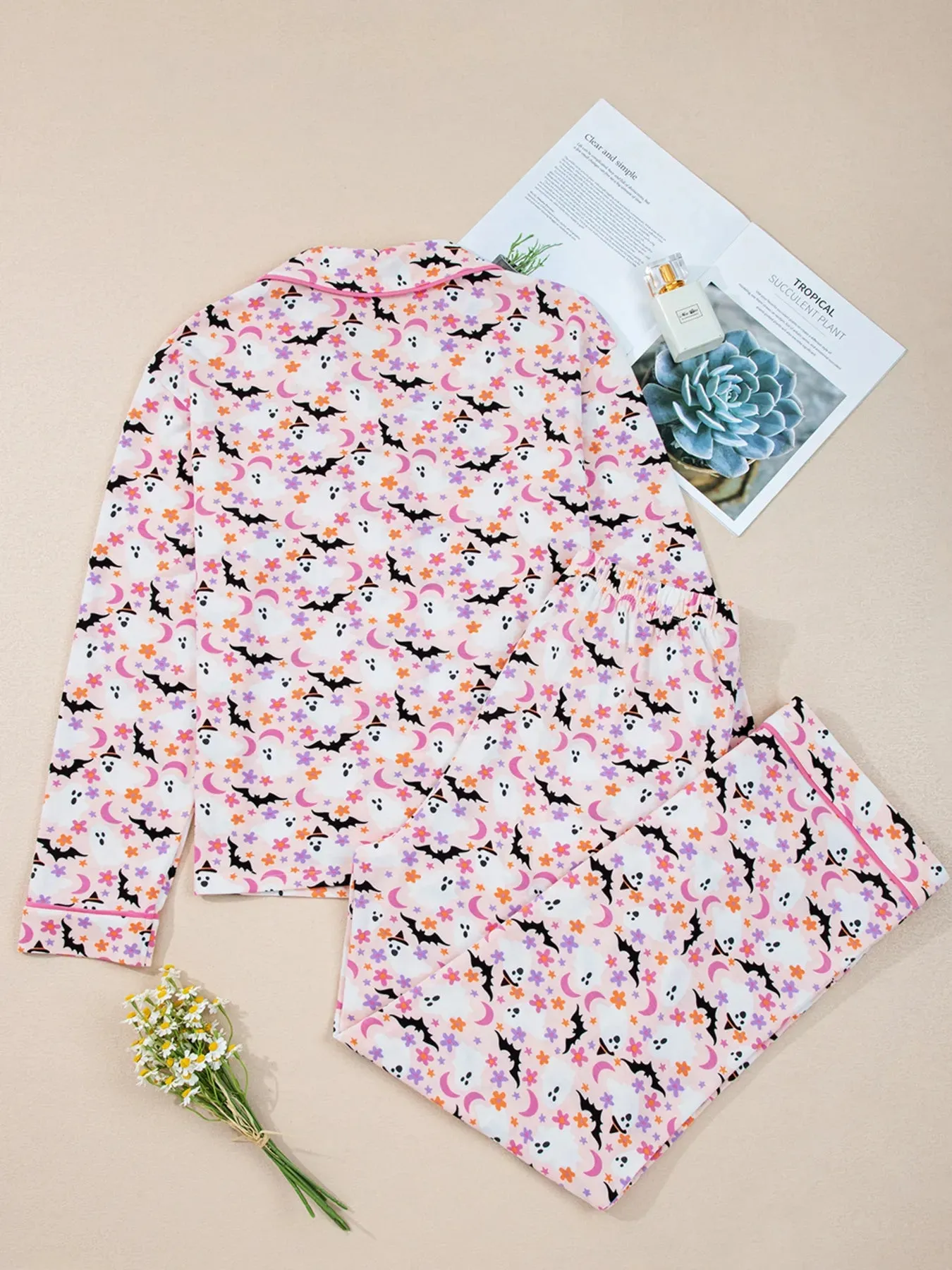 Halloween Ghost Print Button Up Top and Pants Lounge Set sold by Charming Charlie product image thumbnail 4