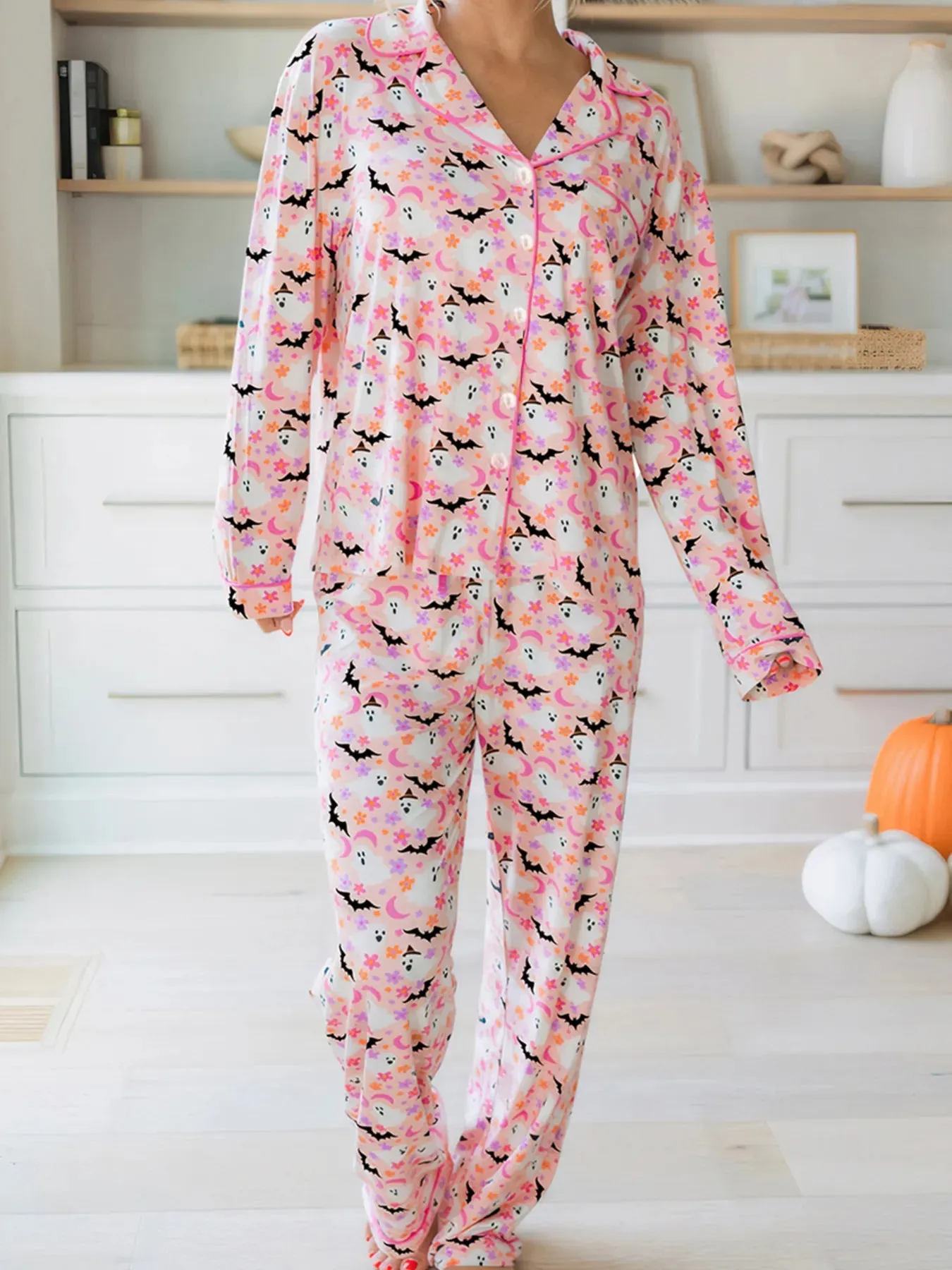 Halloween Ghost Print Button Up Top and Pants Lounge Set sold by Charming Charlie