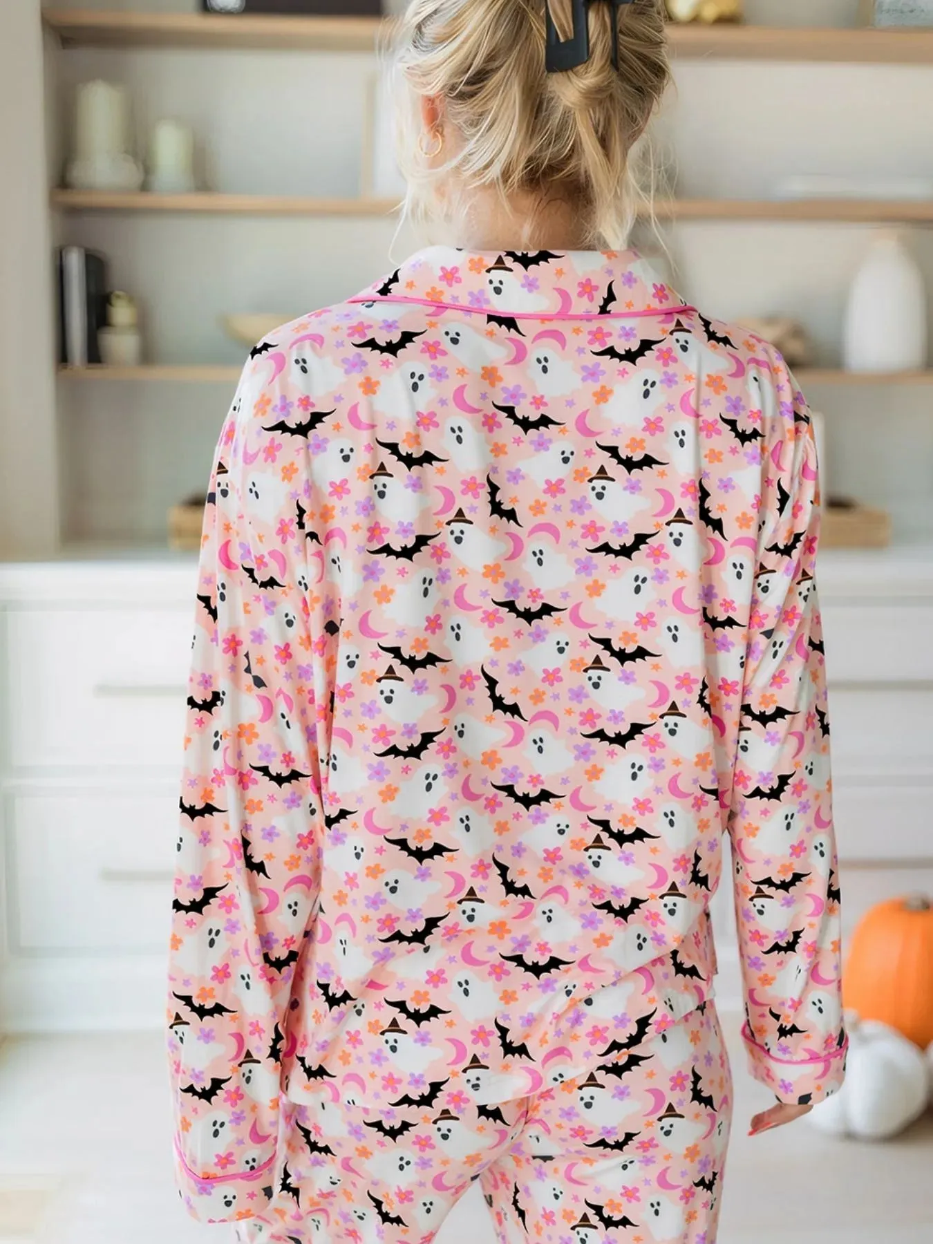 Halloween Ghost Print Button Up Top and Pants Lounge Set sold by Charming Charlie product image thumbnail 2