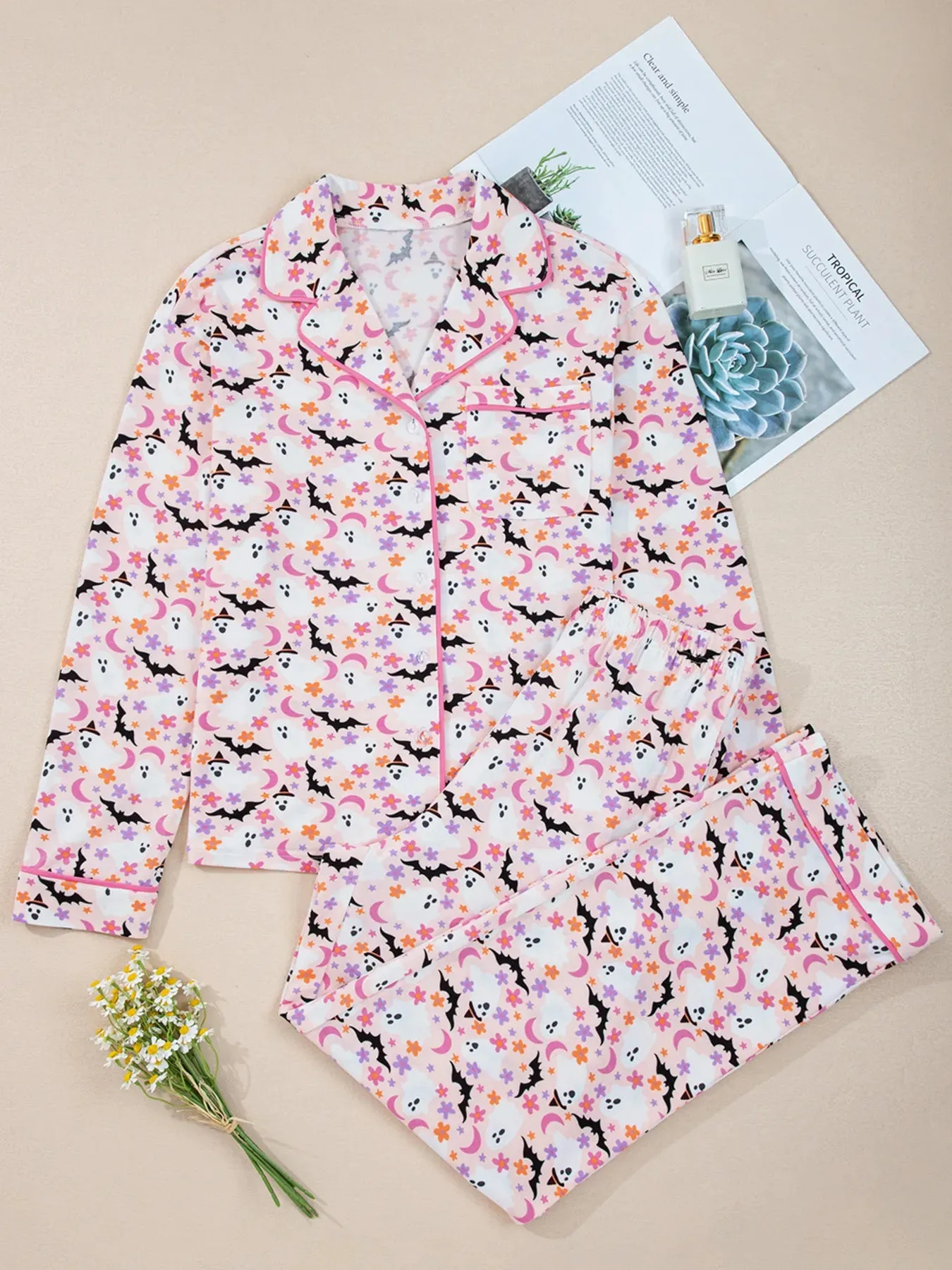 Halloween Ghost Print Button Up Top and Pants Lounge Set sold by Charming Charlie product image thumbnail 3