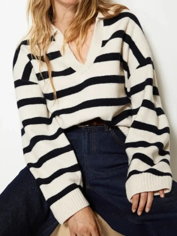 Striped Johnny Collar Long Sleeve Sweater sold by Charming Charlie