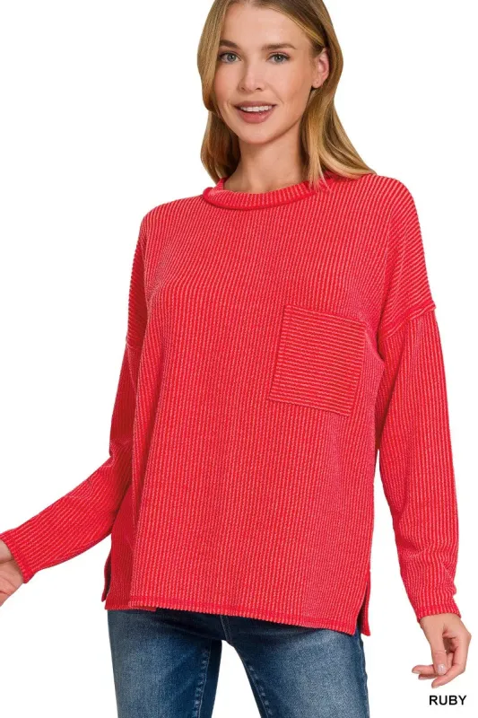 Zenana Long Sleeve Drop Shoulder Rib Top sold by Charming Charlie