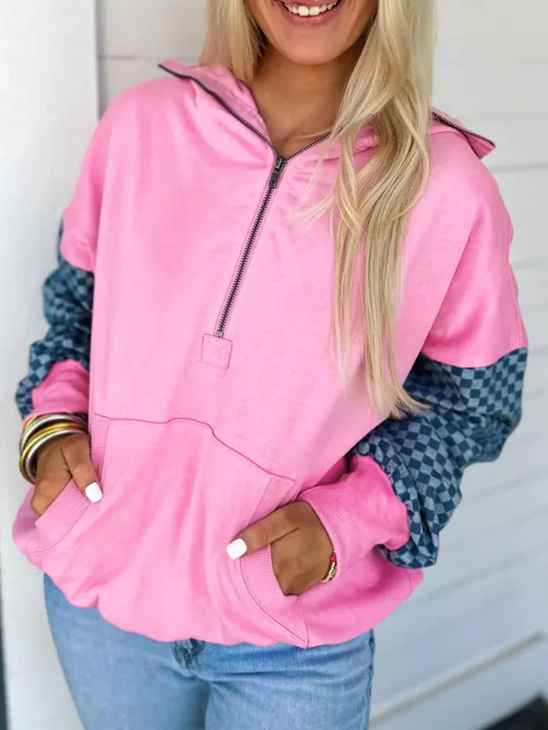 Half Zip Checkered Sleeve Hoodie sold by Charming Charlie
