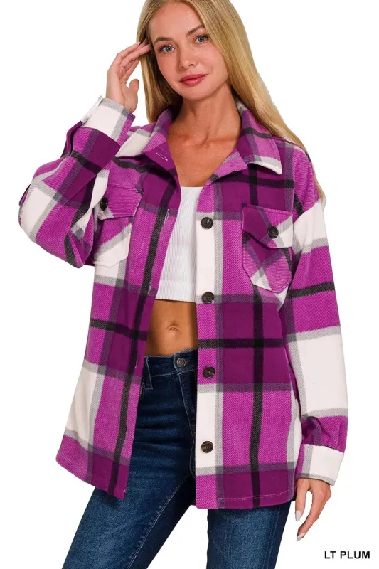 Zenana Oversized Plaid Fleece Shacket sold by Charming Charlie