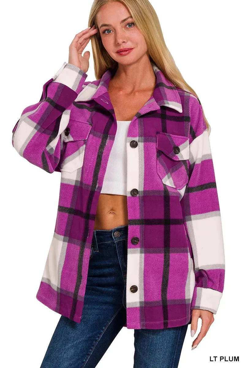 Zenana Oversized Plaid Fleece Shacket sold by Charming Charlie
