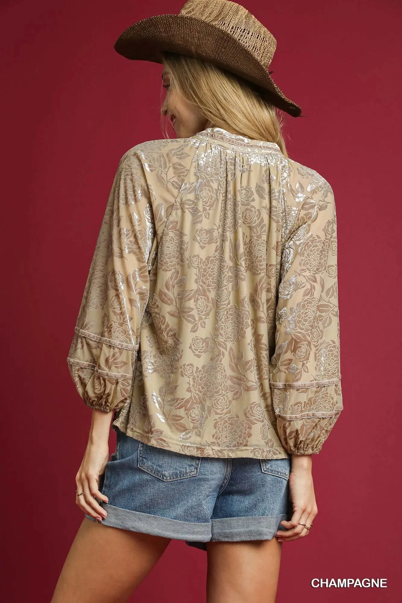 Umgee Floral Velvet Blouse with Balloon Sleeves sold by Charming Charlie product image thumbnail 3
