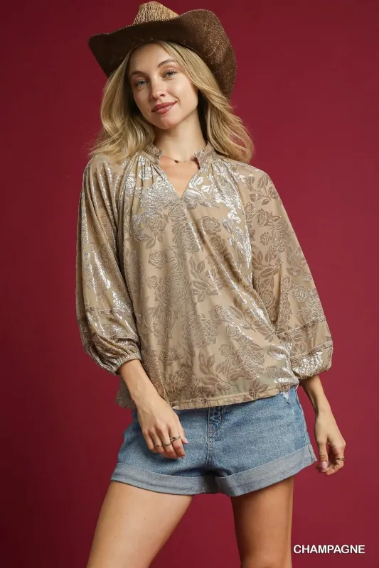 Umgee Floral Velvet Blouse with Balloon Sleeves sold by Charming Charlie