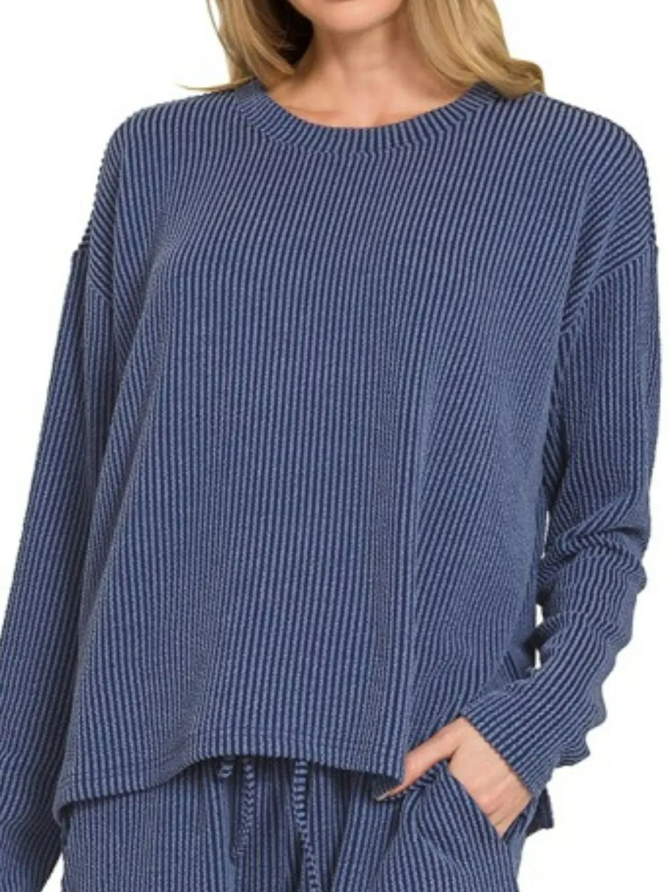 Zenana Corded Rib Long Sleeve Tee and Shorts Set sold by Charming Charlie product image thumbnail 3