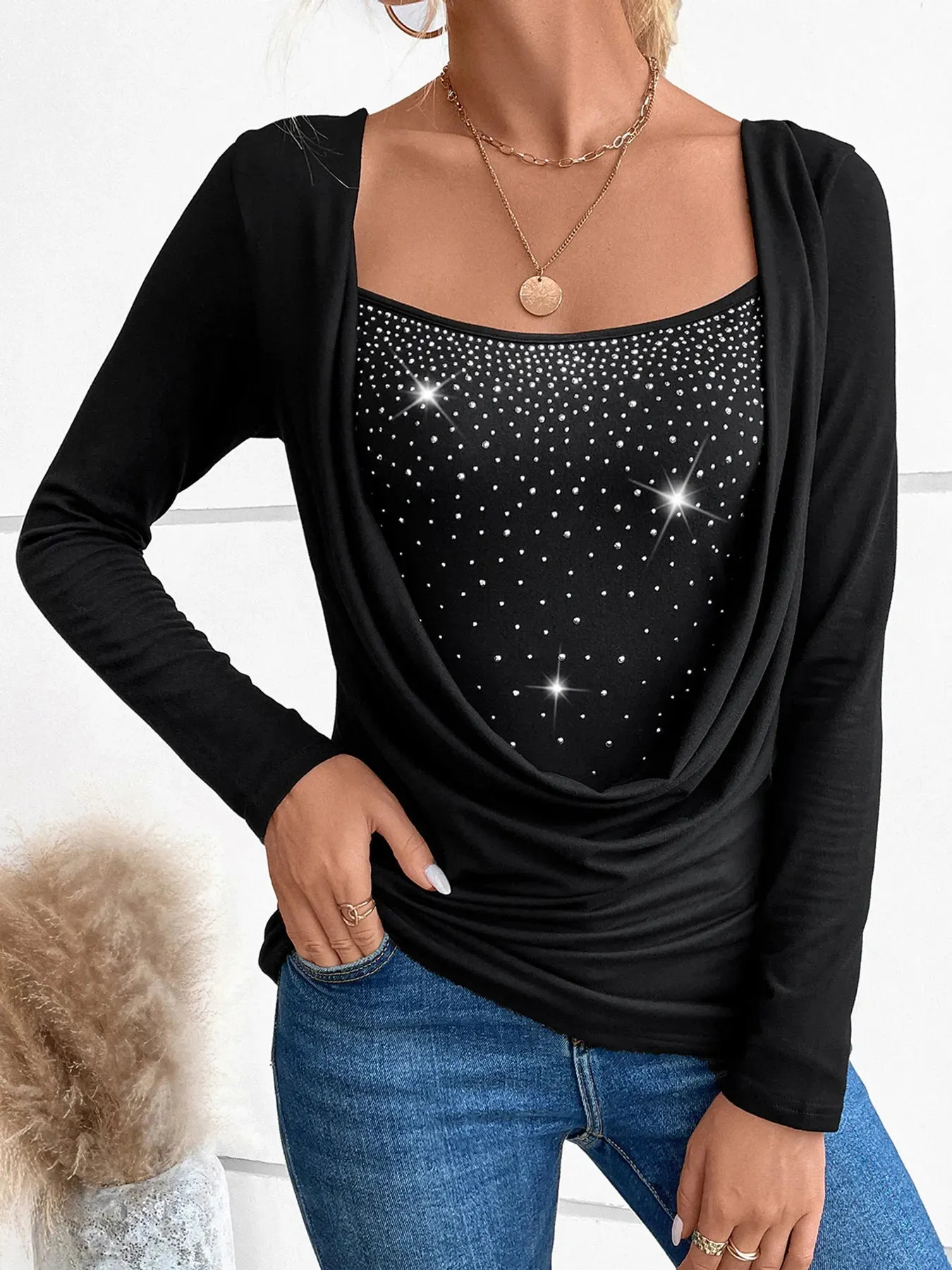 Rhinestone Ruched Long Sleeve T-Shirt sold by Charming Charlie product image thumbnail 4