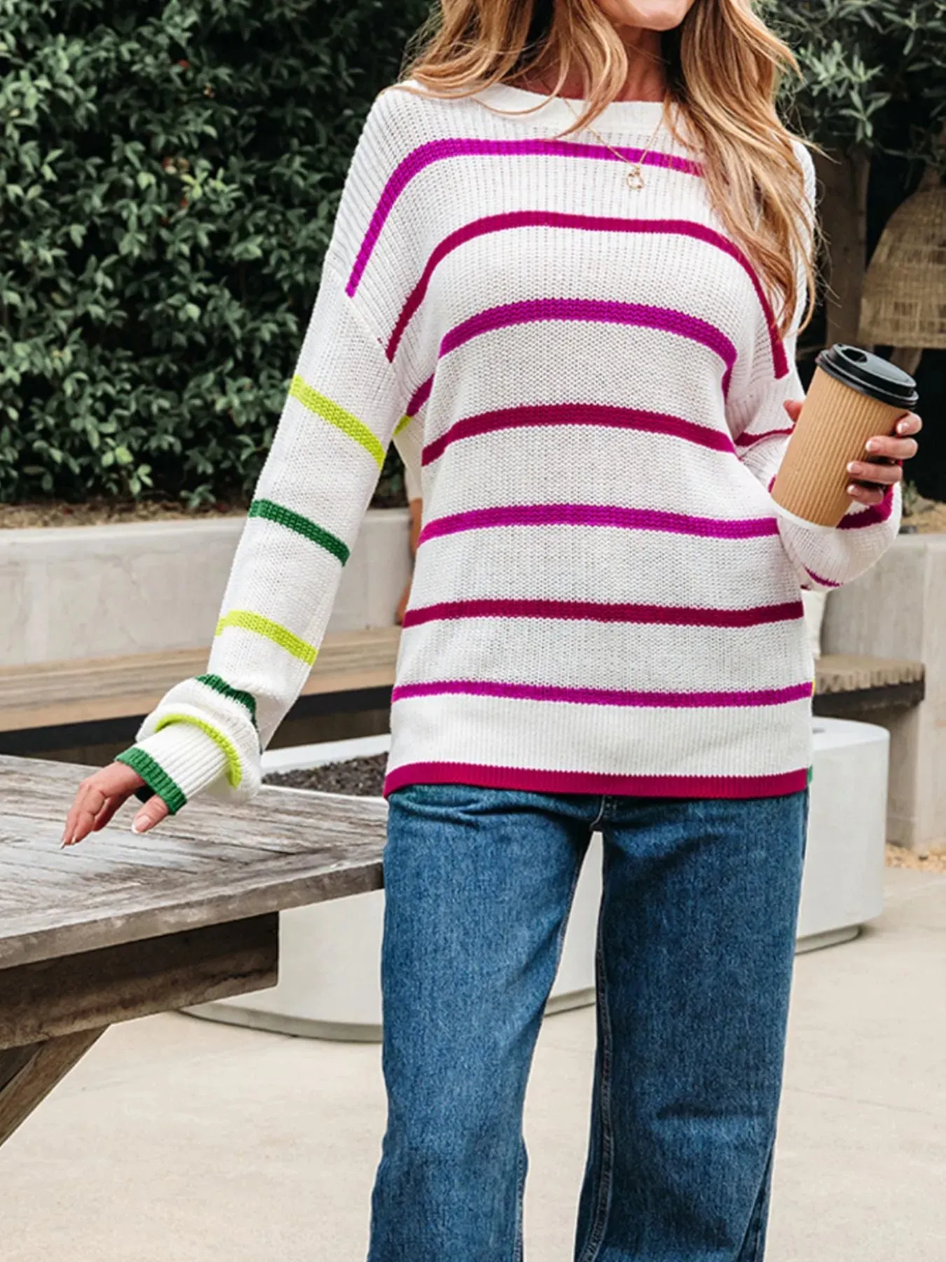 Colorful Striped Drop Shoulder Crew Neck Sweater sold by Charming Charlie product image thumbnail 3