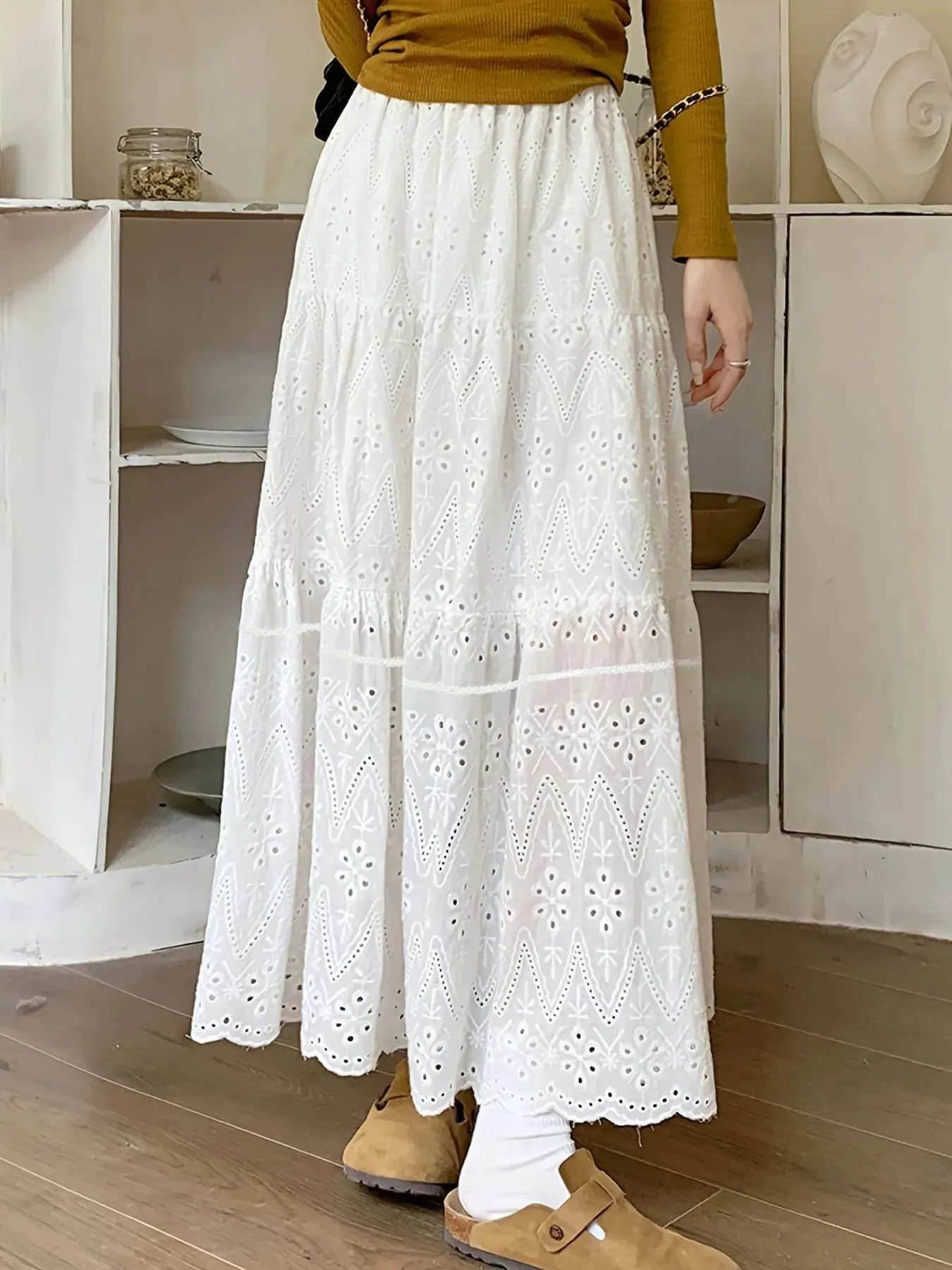 Eyelet Lace Tiered Maxi Skirt sold by Charming Charlie