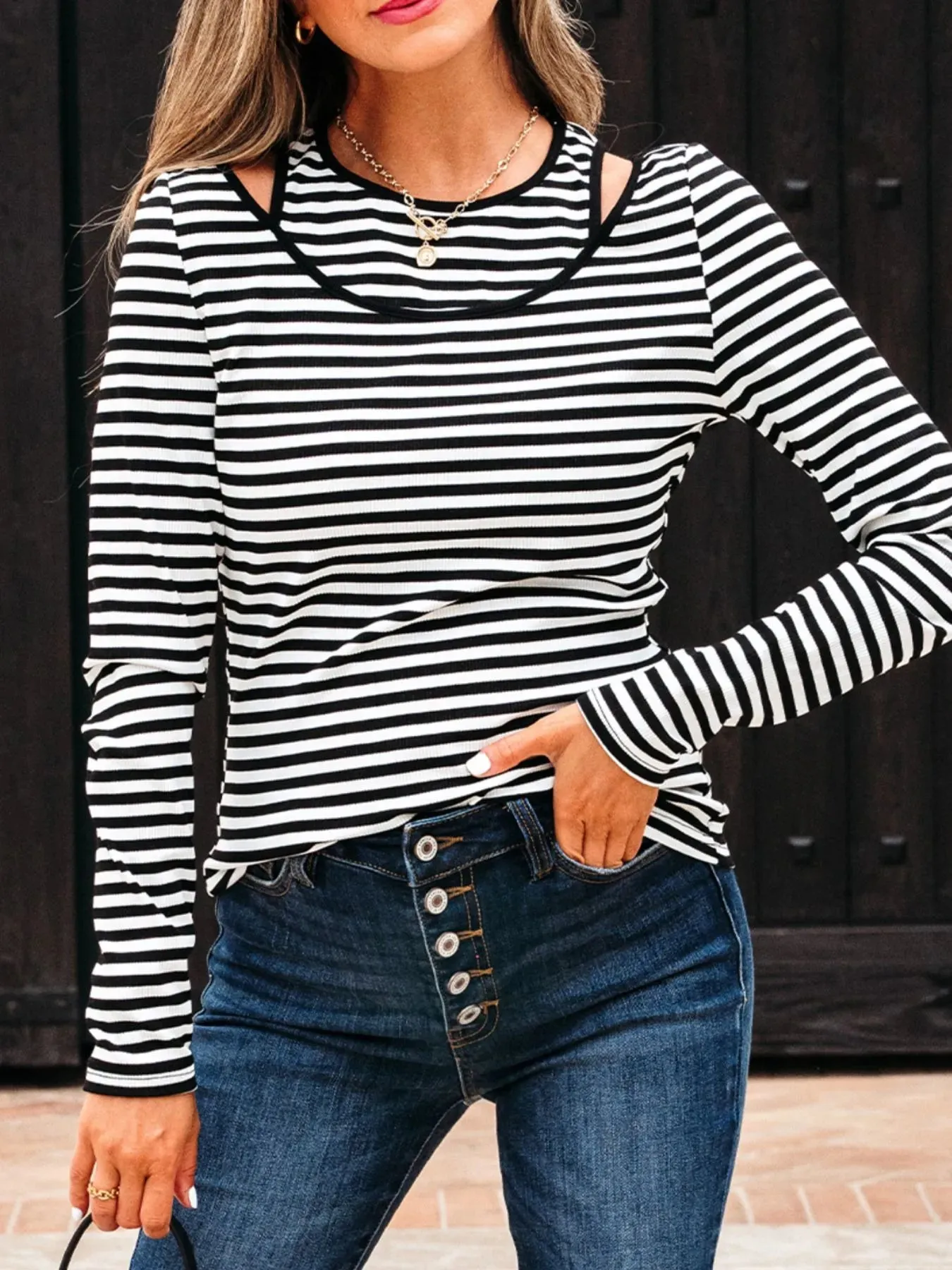 Stripe Double-layer Cold Shoulder Long Sleeve Top sold by Charming Charlie